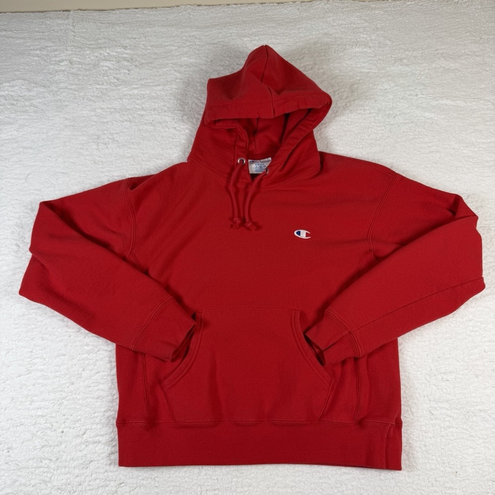 Champion Mens Hoodie Reverse Weave Pullover Drawstring Pockets Red Small
